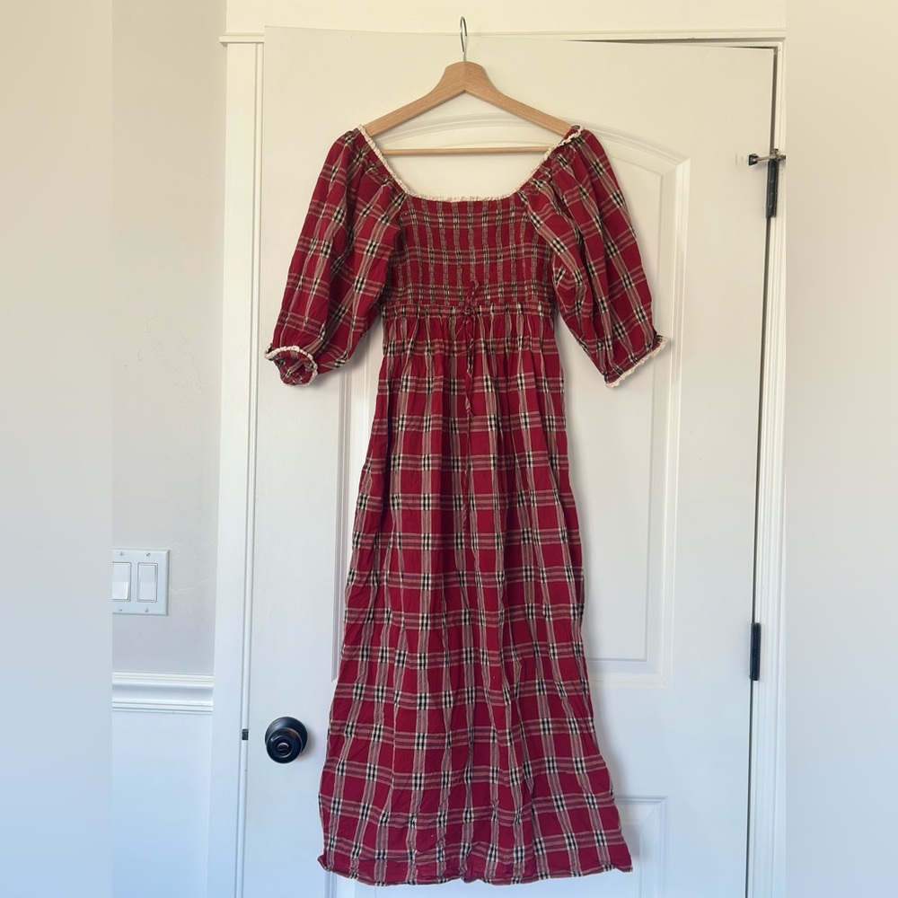 Christy Dawn Cotton Katrina Red Plaid Smocked Maxi Dress - Size Small